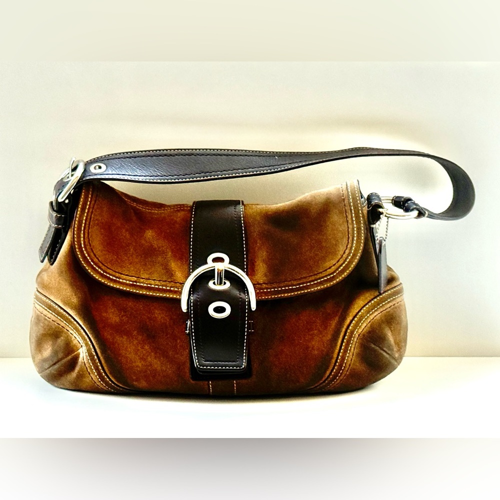 Vintage Coach Tan and Black Suede Shoulder Bag